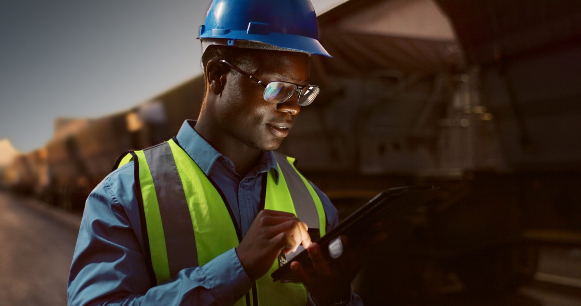 An Engle Martin adjuster reviewing a claim on a tablet in the field